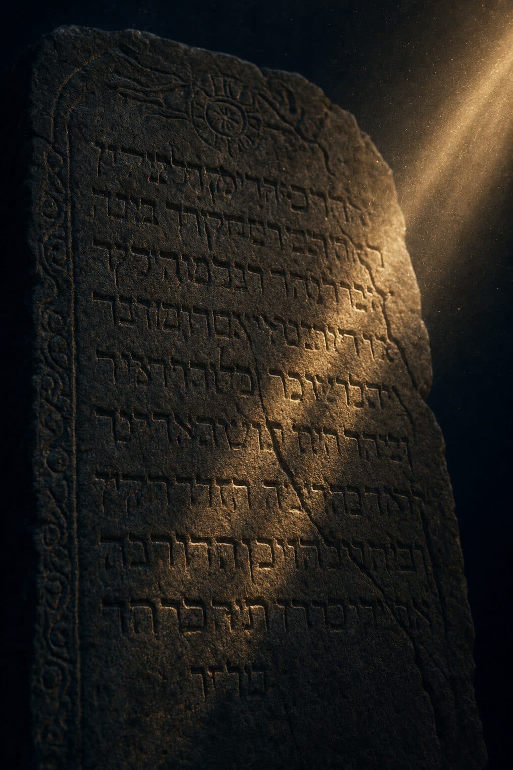 An ancient stone tablet with inscribed scripture, lit by a single shaft of golden light.